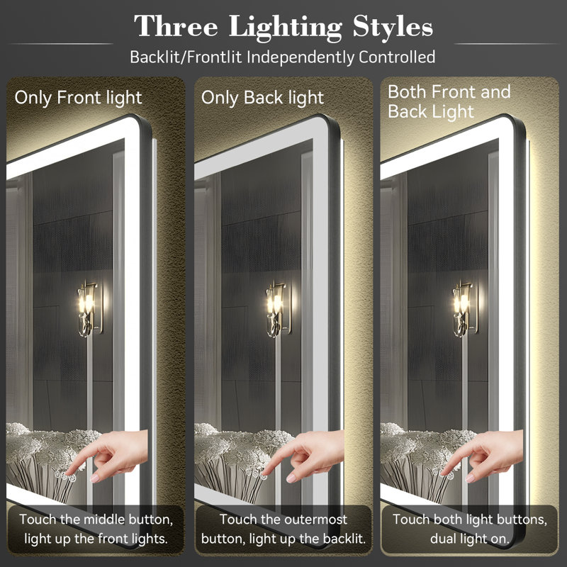 Lunara Independent Dual Backlit&Front Lights LED Wall Mirror, Rounded Corner Matte Black Metal Framed Bathroom Mirror with Tempered Glass