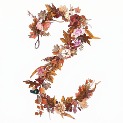 70.9" Artificial Fall Maple Leaf Garland with Pumpkin & Floral Accents, Autumn Harvest Foliage Vine for Mantel, Staircase & Thanksgiving Decor