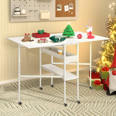Height Adjustable Craft Table - Mobile Folding Cutting Table with Storage Shelves for Large Fabric, as a Foldable Sewing Desk in Home or Craft Rooms