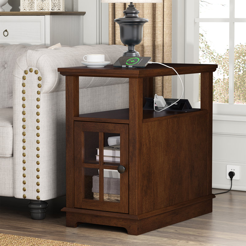 Boxley End Table and Built-In Outlets, Cherry Top/Cherry Base