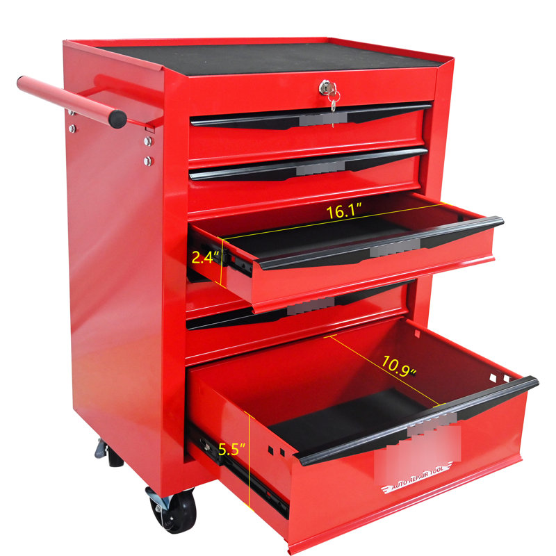 Chariot à outils à 6 tiroirs, acier rouge et noir, verrouillage par clé, comptoir lisse, armoire à roulettes universelle à 4 roues, roues, poignée à tirer, verrouillage