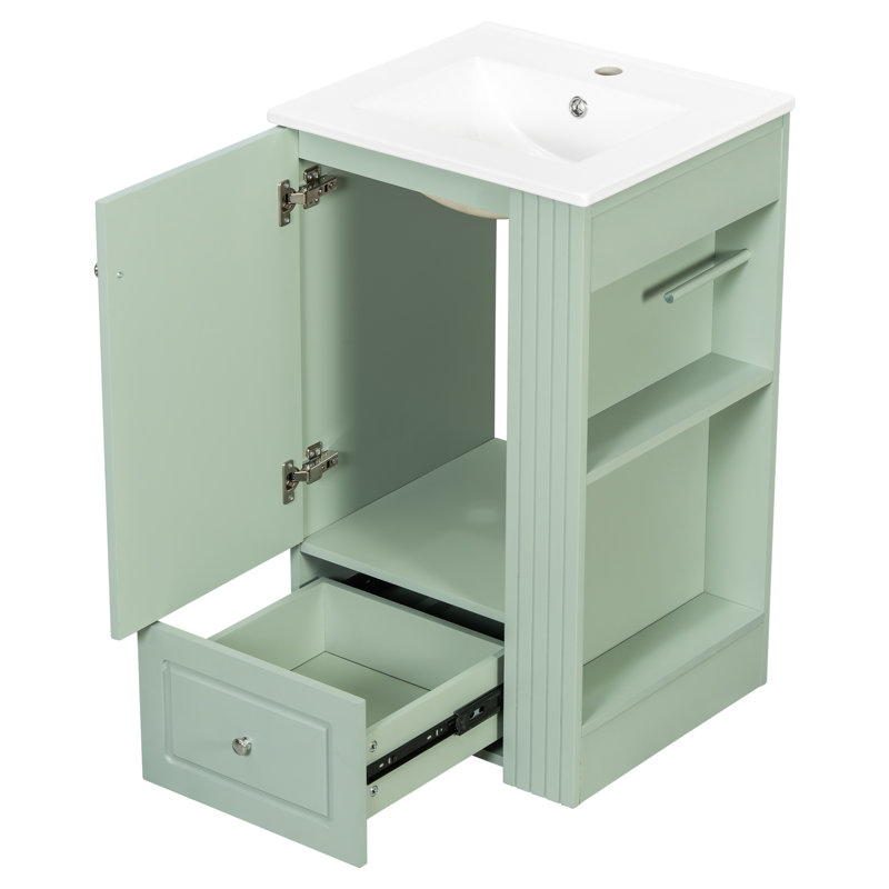 Meuble-lavabo simple autoportant de 20 po avec lavabo en céramique, tablettes latérales et barre en bois de pin, tiroir à fermeture en douceur (blanc / vert)