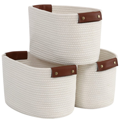 3 Pack Cotton Rope Storage Basket Woven Shelf Storage Bin with Faux Leather Handles, Decorative Closet Shelf Woven Basket, 15 x 10 x 9, Cream