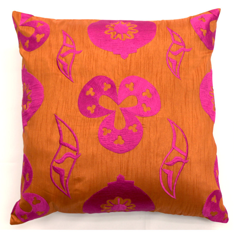 Shanghai Embroidered Throw Pillow, Tan / Fuchsia