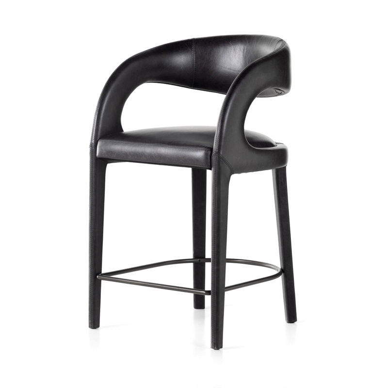 Tabouret de bar et de comptoir Geoffrey, Noir Sonoma / cuir véritable, Tabouret de comptoir (siège d'une hauteur de 26,5