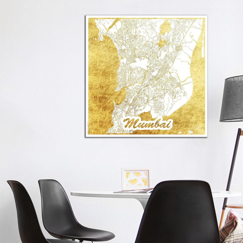 Mumbai Gold Leaf Urban Blueprint Map by Hubert Roguski - Wrapped Canvas Print, 93.98 cm H x 93.98 cm W x 1.91 cm D