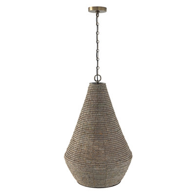 20" W x 30.5" H 1-Light Intricate Beaded Teardrop Pendant with Handcrafted Wooden Beads in Aegean Grey and Dark Brass with Inner Glass Globe and Decorative Designer Chain