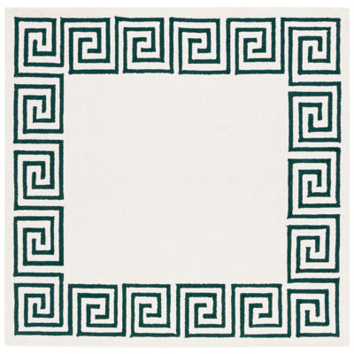 Diljana Hand Tufted Wool/Cotton Greek Key Border Rug in Ivory/Green