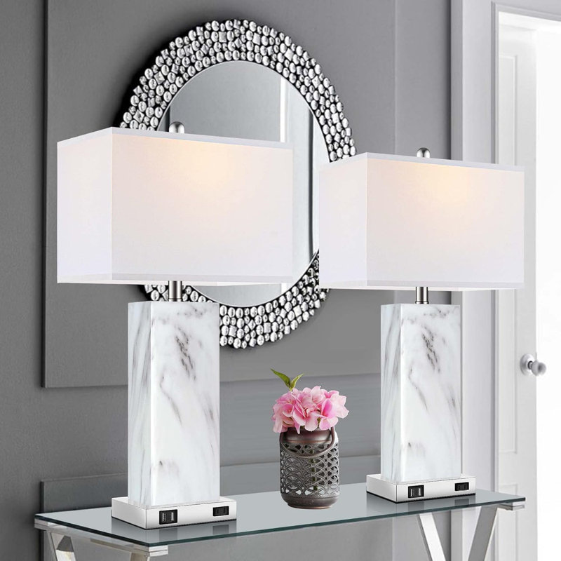 Touch Control Table Lamps Set Of 2, Modern Contemporary Bedside Lamp With 2 USB Ports 1 AC Outlet, 3-Way Dimmable Nightstand Lamp Faux Marble Rectangular Shade For Living Room Bedroom