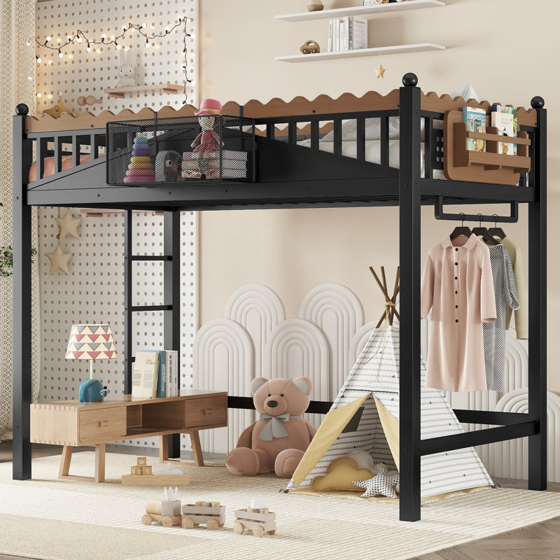 Lit mezzanine simple en métal de taille XL avec échelles, tablettes de rangement et bibliothèque, modèle peu encombrant, noir