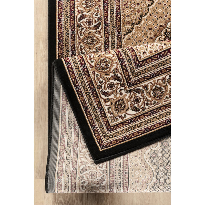 Luxueux style traditionnel 24 po Tapis X 36, médaillon noir et fabriqué à la machine, 100% polypropylène, motif médaillon rectangulaire classique, teint