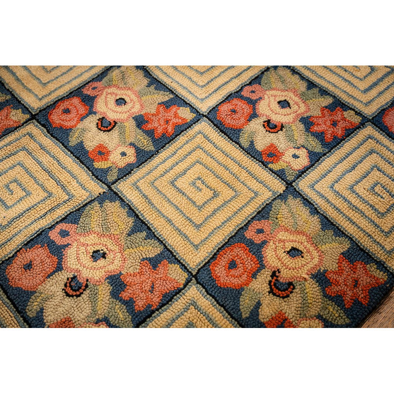 1880s Rustic Blue Ground Modern Geometric Folk Art Antique American Hooked Rug