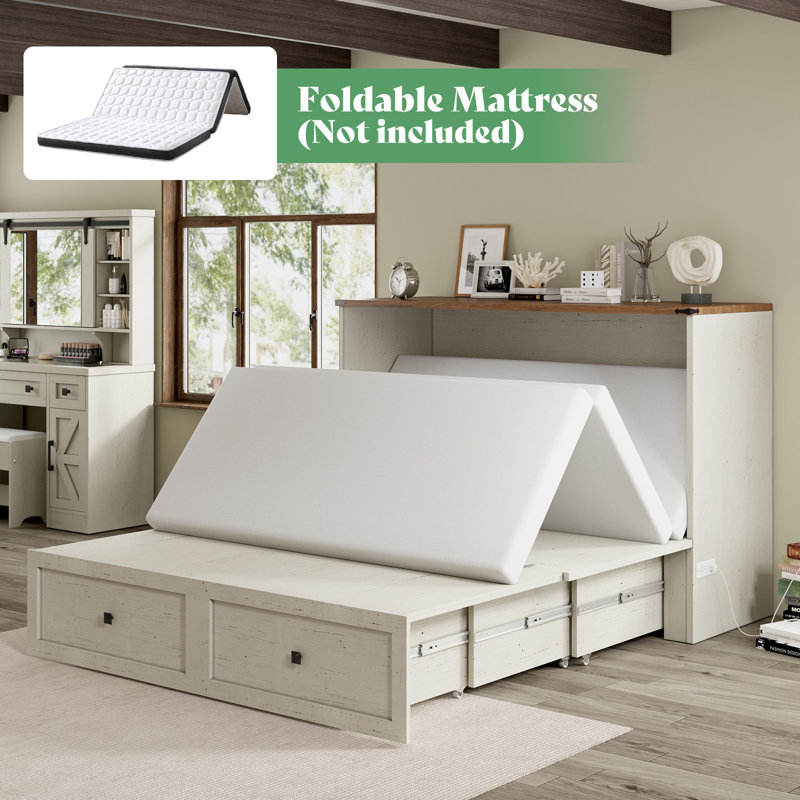 Wilkinson Farmhouse Full Murphy Bed with Large Storage Drawer & Charging Station, White
