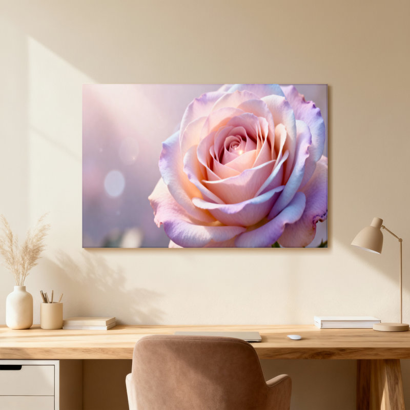 Plantes et fleurs rose tendre avec bords mauves, H 16 po x l 24 po, Toile tendue, Ne s’applique pas