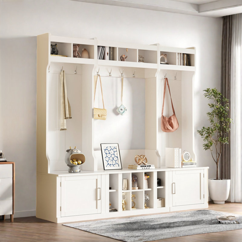 4-in-1 Multi-functional Hall Tree With Coat Rack, Bench, Shoe Cubbies And Open Compartments, White