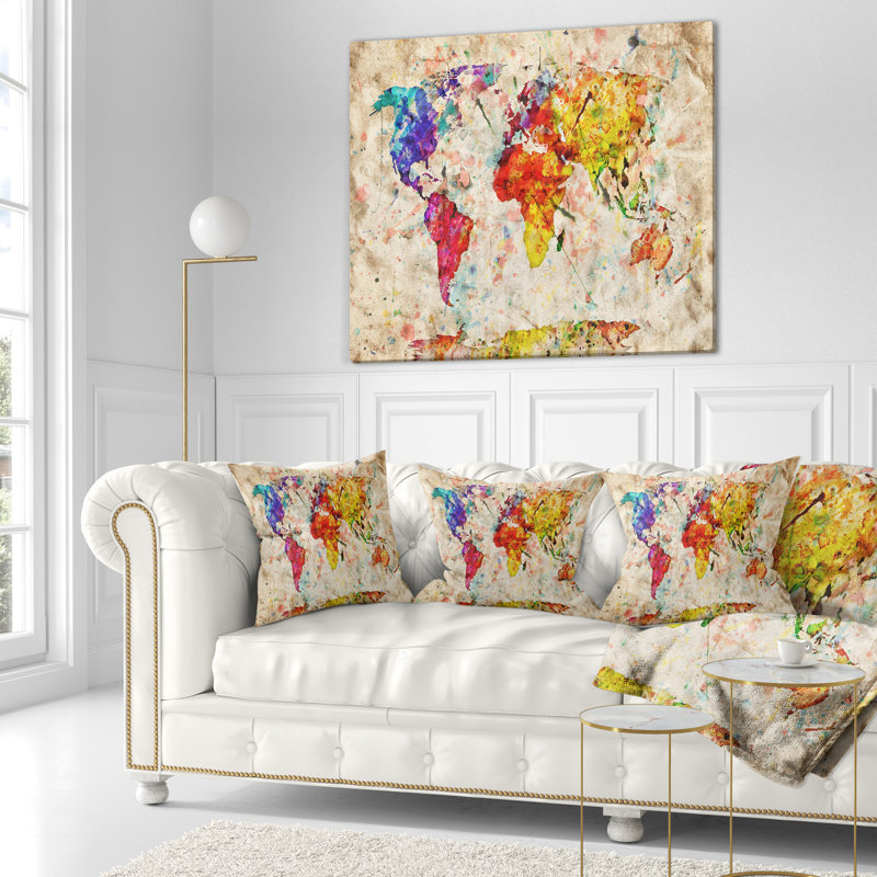 Coussin de carte du monde, 18 po x 18 po, Polyester/ Bourre en polyester