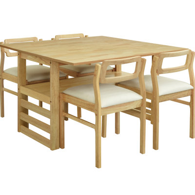 5 tables de salle à manger avec abattants, rangement pratique et chaises rembourrées élégantes pour 4 personnes, plateau de table extensible en bois, chaises attrayantes à tablettes, finition