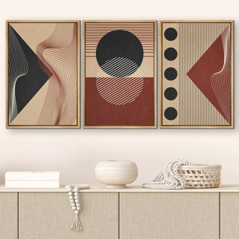 " Geometric Art Deco Black Red Polygon Collage Nature Abstract Modern Art Boho Decor " 3 Piece Art Set, Naturel