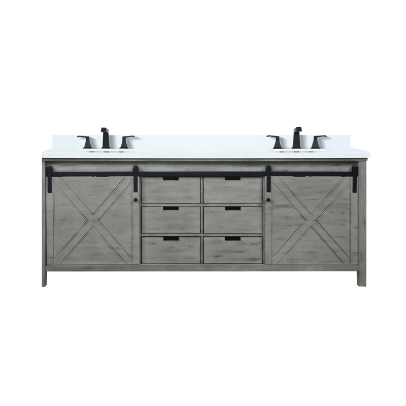 Meuble-lavabo double gris cendre 84 po X P 22 po D, ensemble de comptoir et robinet en marbre de culture, Bois de frêne gris