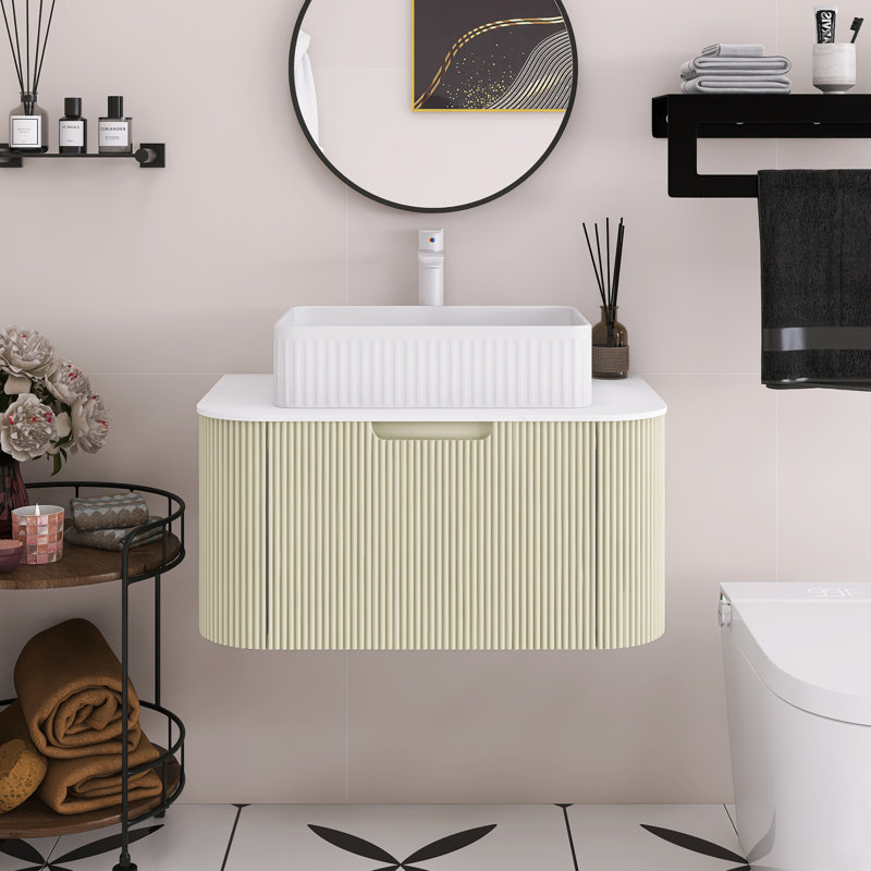 Meuble-lavabo mural de 30 po avec bords arrondis et conception rayée, armoire de rangement avec tiroir, lavabo rectangulaire en céramique blanche.