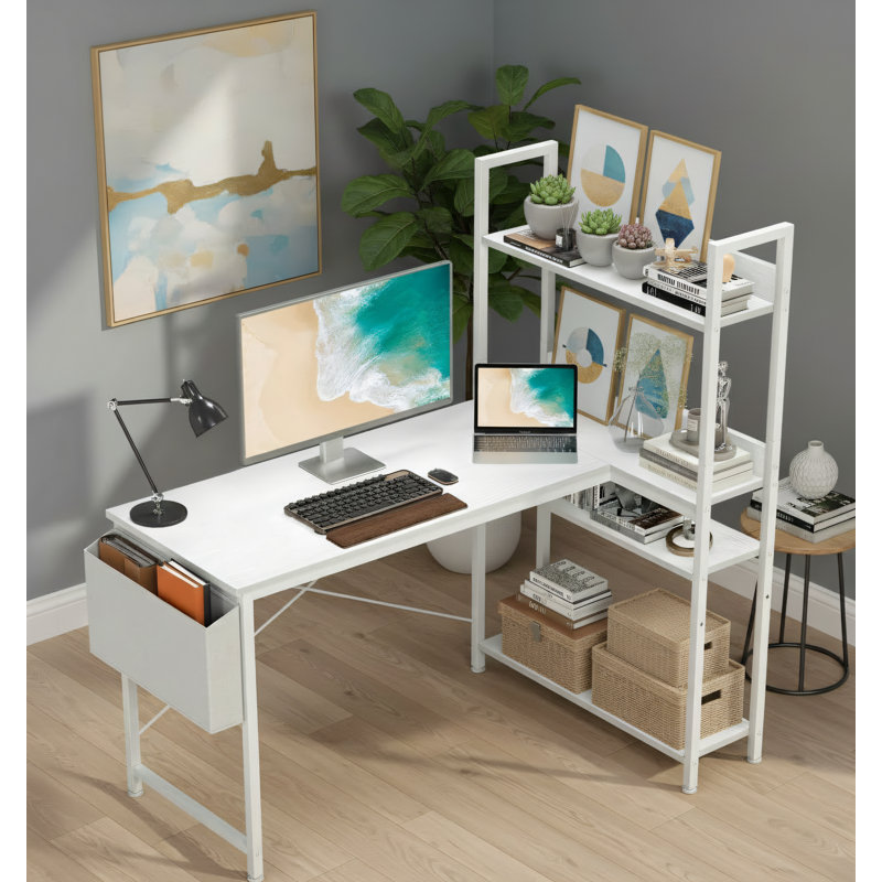 47-Inch White L-Shaped Corner Computer Desk, Flip-Up With Storage Shelves And Side Pockets, Adjustable Legs For Small Spaces.