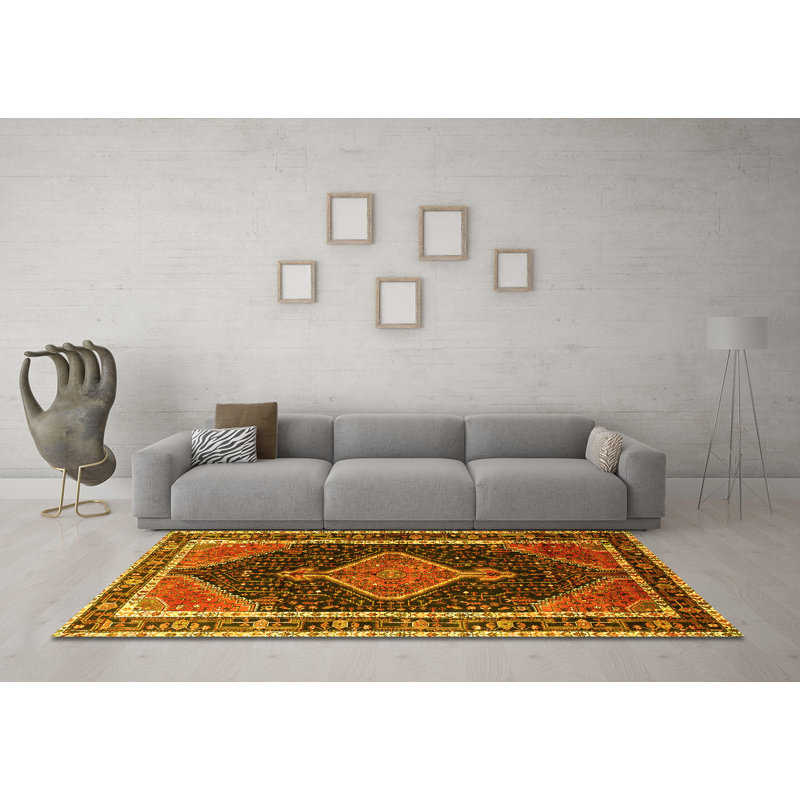 Tapis traditionnels jaunes lavables à la machine 1358, Rond 4 pi
