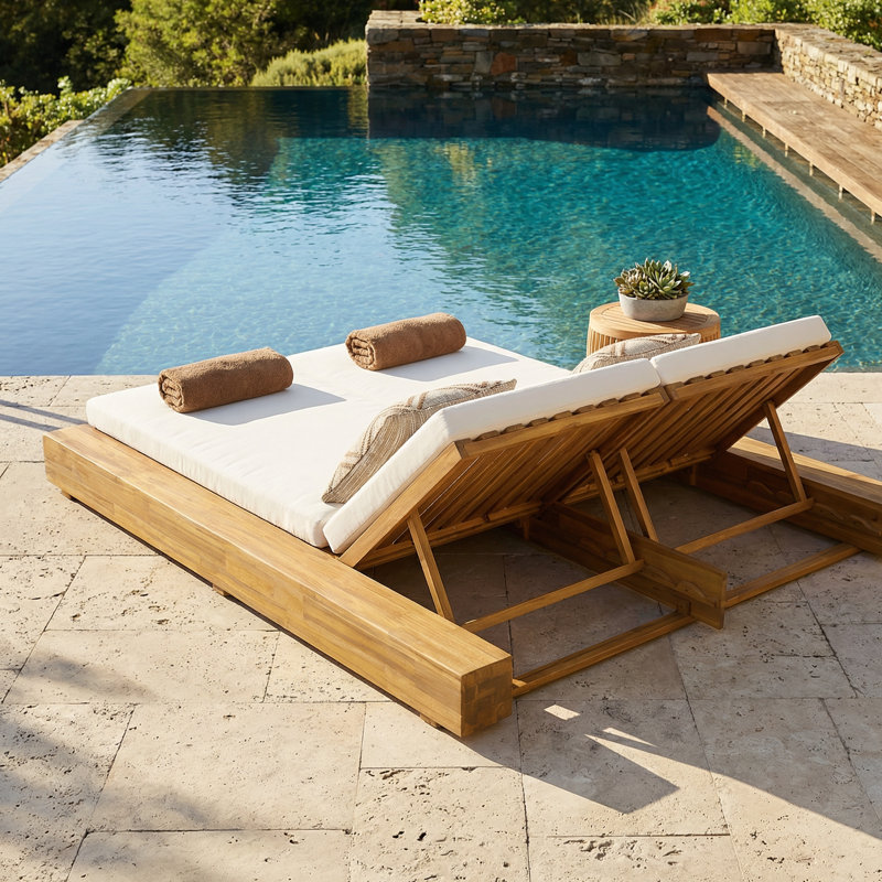 Double chaise longue d'extérieur en bois d'acacia Atua avec coussins hydrofuges et dossier réglable, Crème