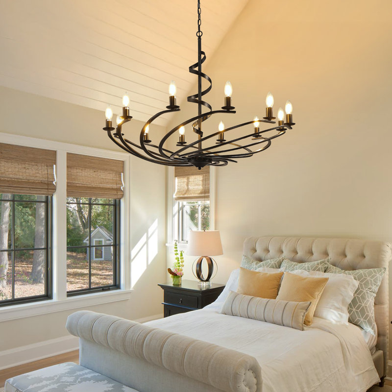 12 - Light Dimmable Candle Style Classic Chandelier With Wrought Iron Accents（Set Of 2）, Matte Black