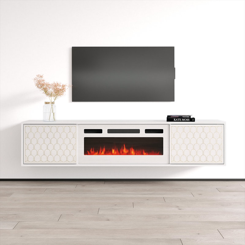 Goti 70.9" Modern TV Stand with Electric Fireplace, High Gloss Finish, Wall-Mounted, White