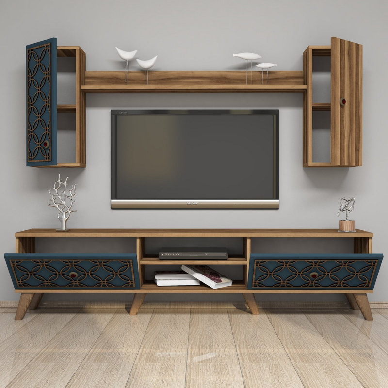 Modern TV Unit with Wall Shelf & Cabinets, Walnut & Chalcedony Color, 70.9 x 17.3 x 13.8 inches | 100% Melamine Coated Particle Board, Thickness: 0.7 inches | Geometric Design, Numerous Shelves, Wall-Mountable Option