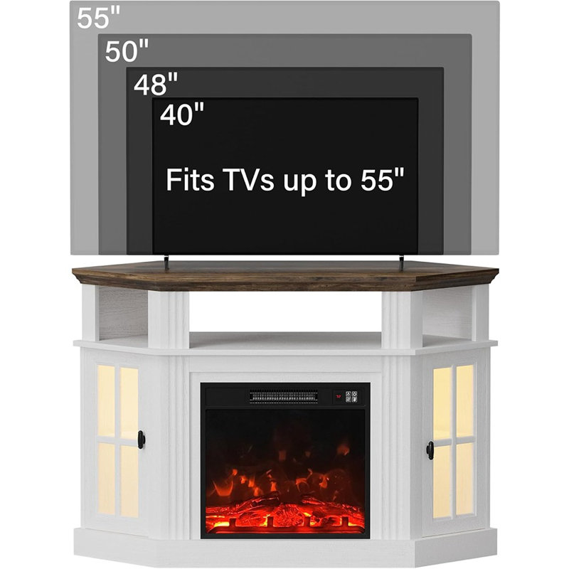 Meuble télé d'angle avec foyer blanc et rustique - console multimédia avec éclairage d'ambiance et armoires de rangement pour téléviseurs de 55 po ou moins