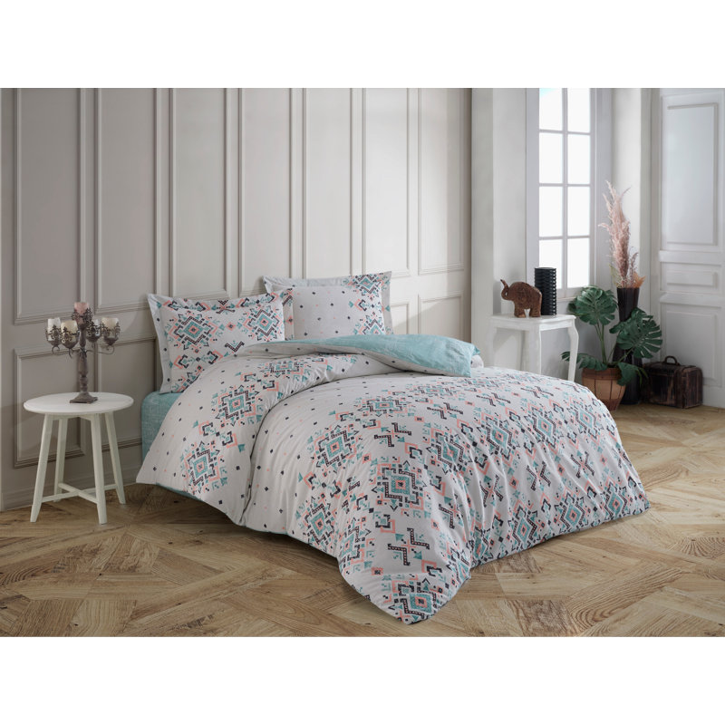 Ensemble de housse de couette luxueuse 100% coton double Ranforce, blanc et turquoise, housse de couette 79 x 87 | Comprend 2 taies d'oreiller 20 x 28 | Lavable à la machine, 145 fils, fermeture élégante | Parfait pour les chambres confortables