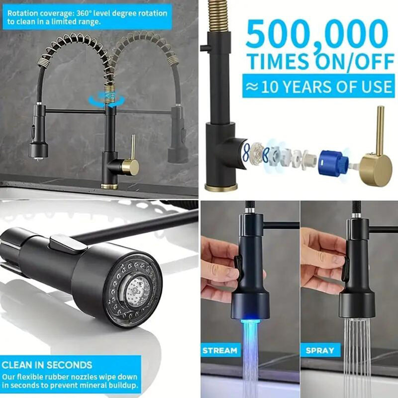 Senlesen Pull Down Kitchen Faucet, Black/Brushed Gold