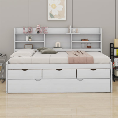 Wooden Captain Bed With Built-In Bookshelves, Drawers And Trundle