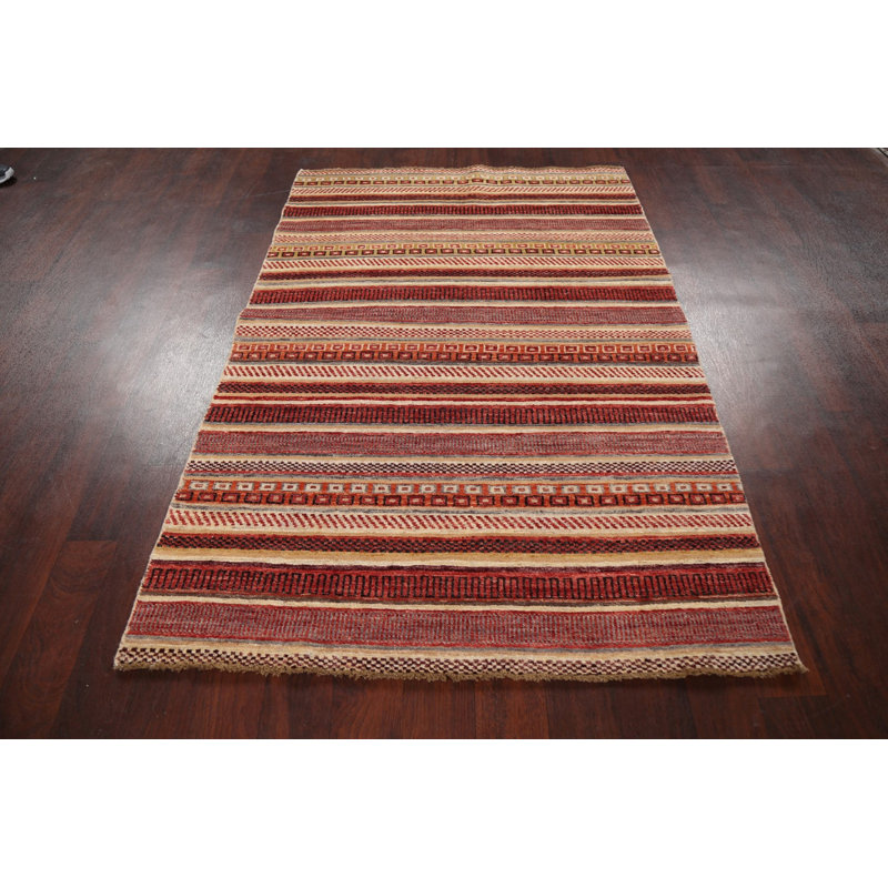 Tapis rouge / beige en laine noué à la main de conception unique 4 pi 2 po x 6 pi 2 po New Age