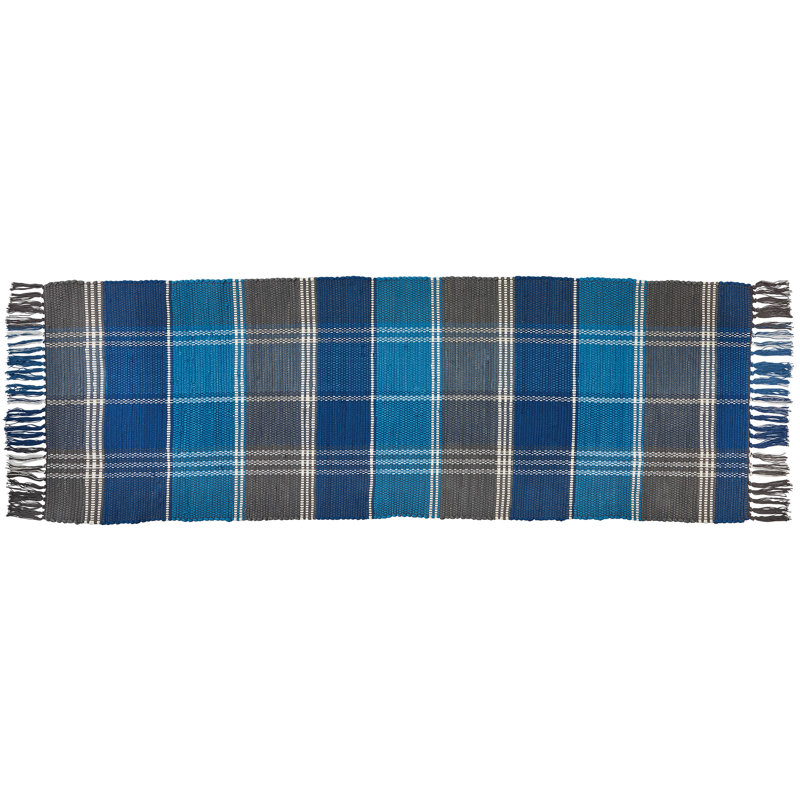 Tapis bleu / gris en coton tissé à la main Allianora, Tapis de couloir 2 pi x 6 pi