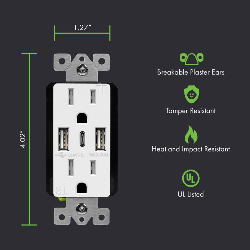 Prise murale de type C / A inviolable 15 A à 3 ports TopGreener, blanc (paquet de 3), Blanc