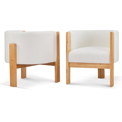 Ensemble de 2 chaises de salle à manger rembourrées, structure en bois d'hévéa naturel et tissu blanc bouclé, fauteuils modernes pour salle à manger et salon, capacité de 225 lb