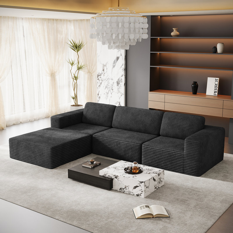 Modular Corduroy 303cm 3-seater Sofa With 1 Ottoman, No Assembly Required, With High Rebound Sponge, Black