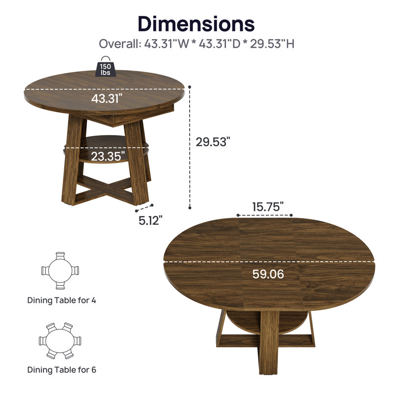 43"–59" Fluted Extendable Oval Dining Table With Storage Shelf, Walnut, Seats 4–8, Walnut