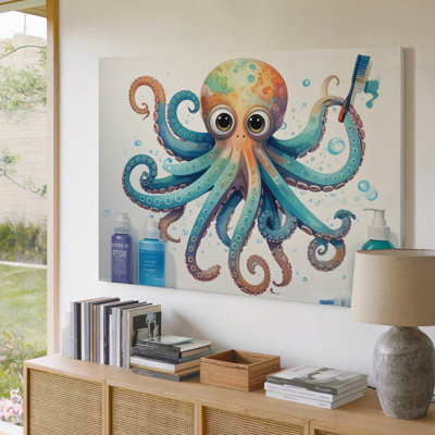 Toile, art mural Illustration ludique et colorée d'une pieuvre avec de grands yeux expressifs entourés de qualité supérieure prête à être accrochée