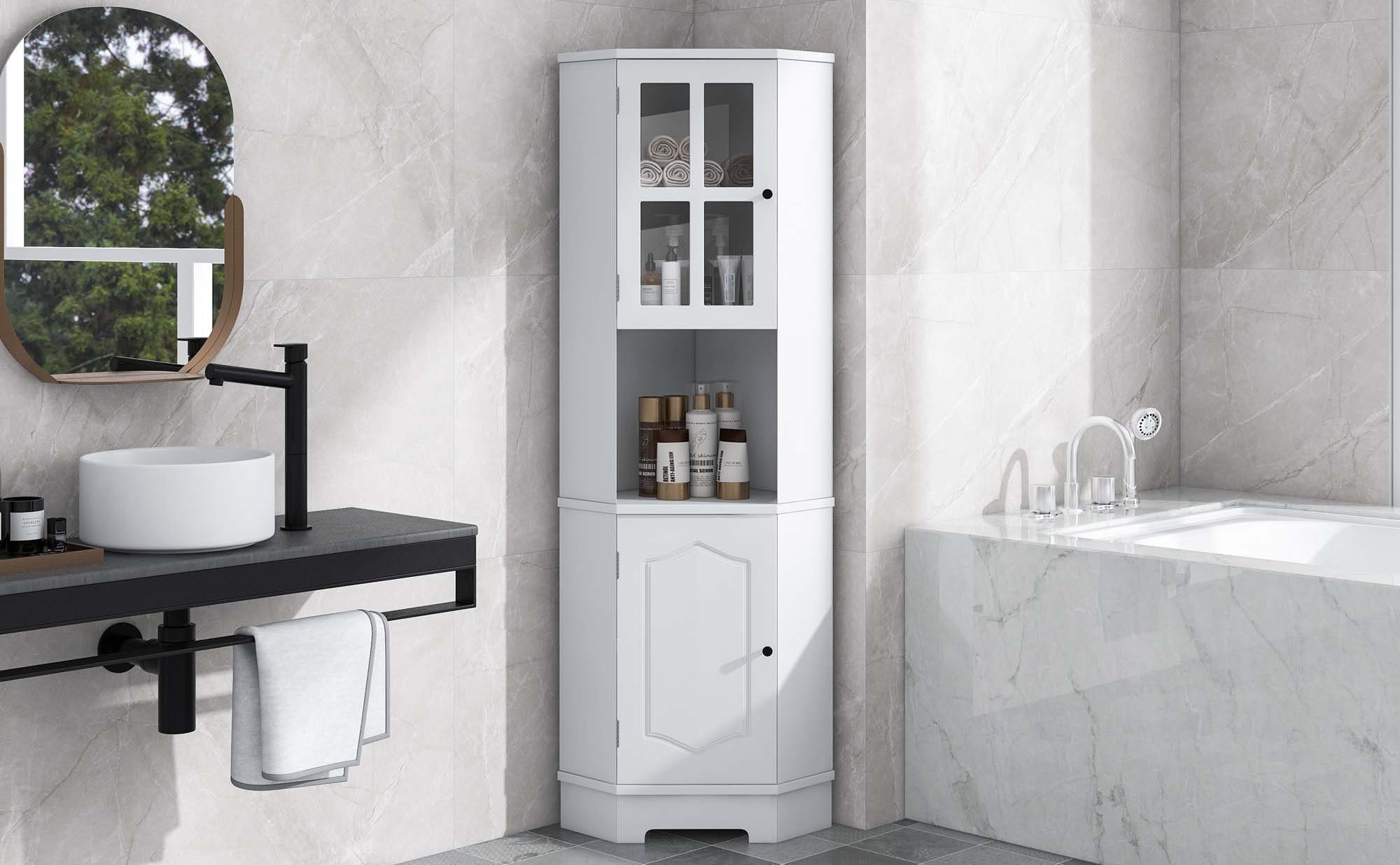 Hokku Designs Tall Bathroom Storage Cabinet, Corner Cabinet With Glass ...