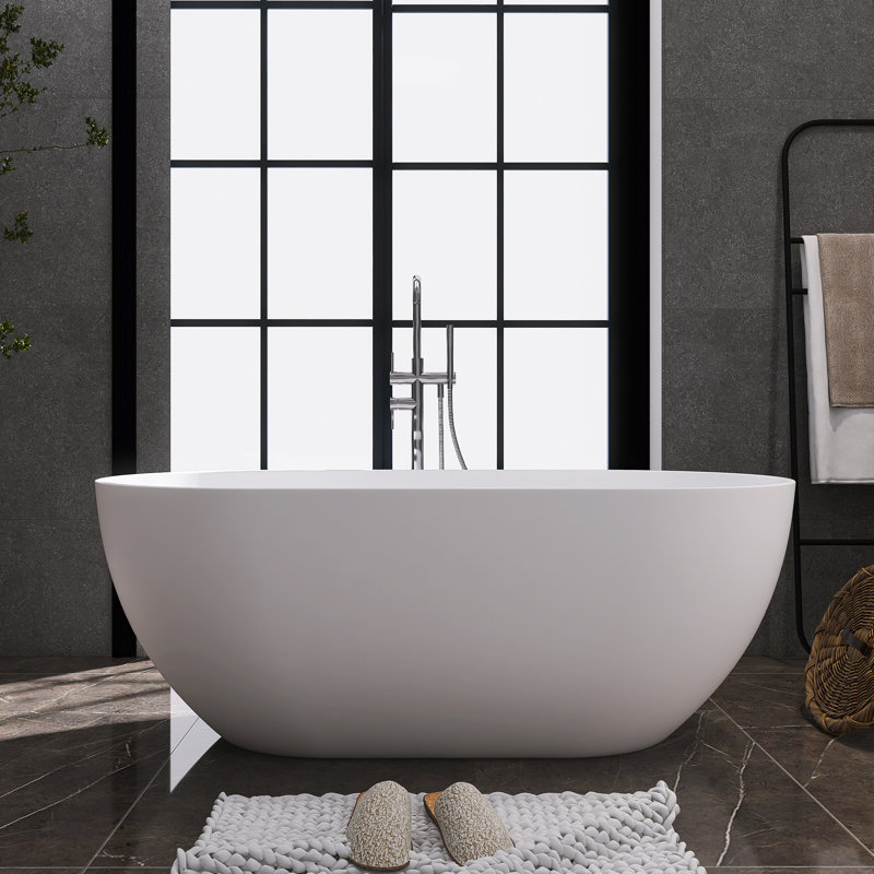 59'' x 29.5'' Freestanding Soaking Solid Surface Bathtub with Center Drain in White