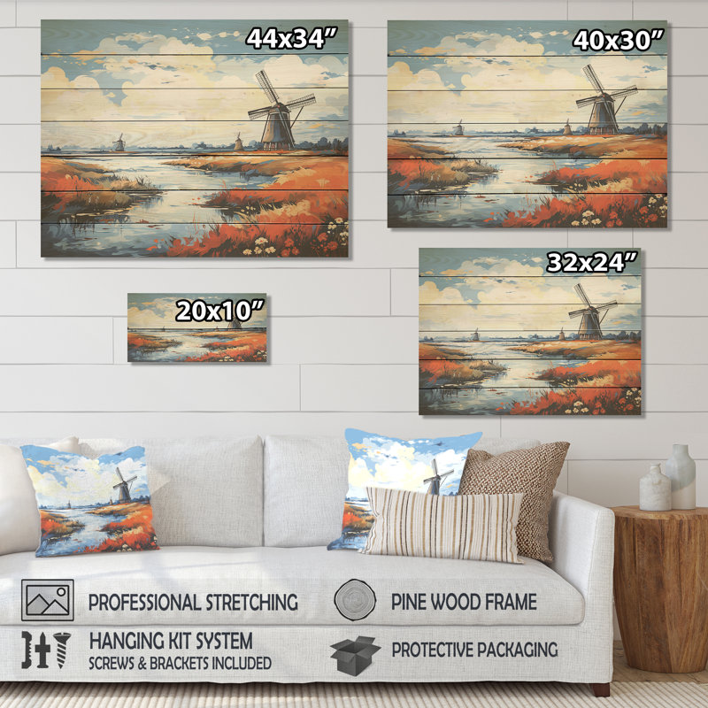 Holland Wind Turbine Meadows II - Wind Turbines On Wood Print, 34" H x 44" W x 0.78" D