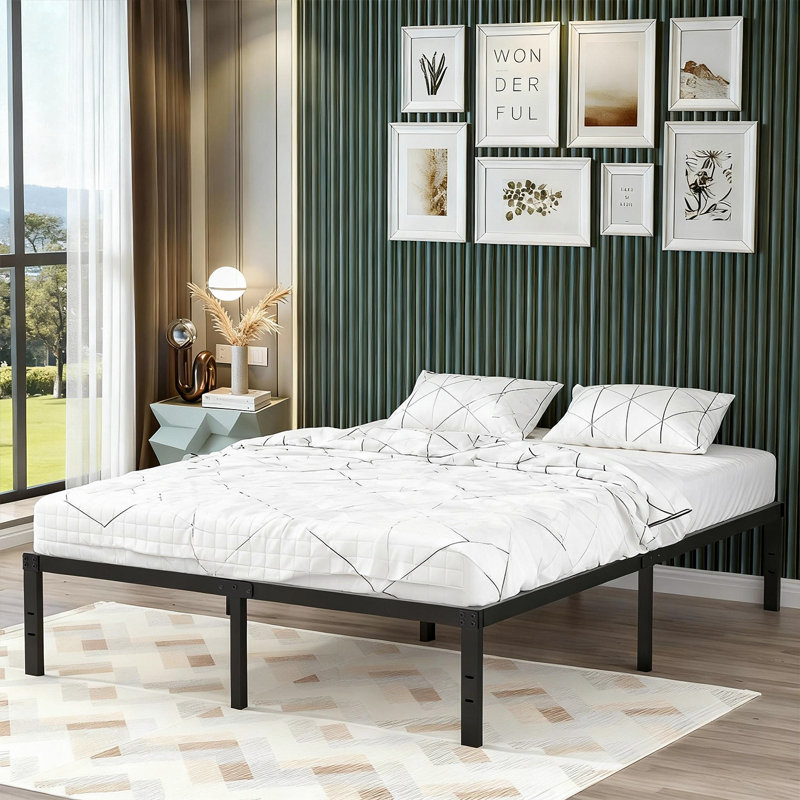 Structure de lit plateforme en métal 14 po avec tête de lit compatible avec aucun sommier tapissier, très grand