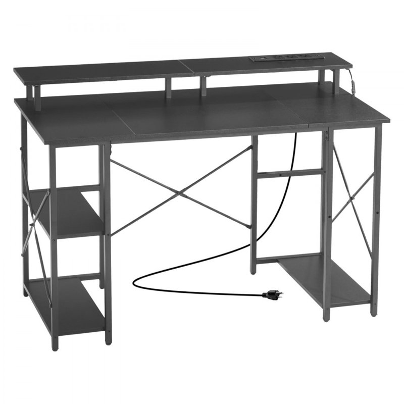 47" Gaming Desk with LED Lights & Power Outlets, Computer Desk with Monitor Stand & 2-Tier Storage Sheves,  Study Work for Home Office, Black