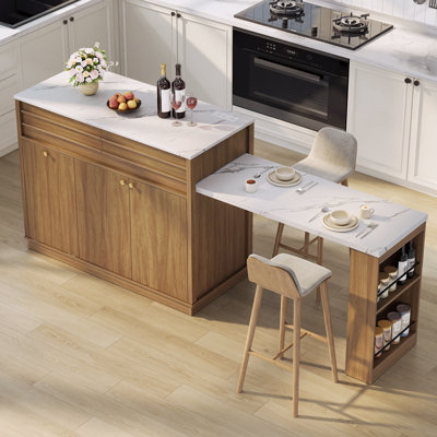 53"-94" Kitchen Island with Extendable Dining Table, Faux Marble Top and Power Outlets