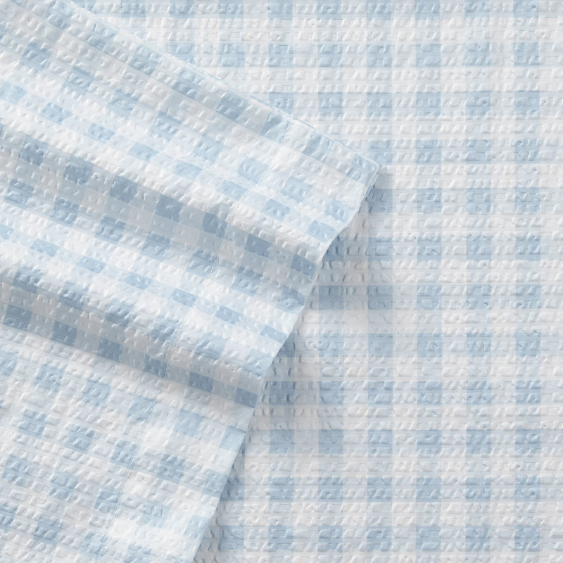 Twin Gingham Blue Polyester Seersucker Sheet Set
