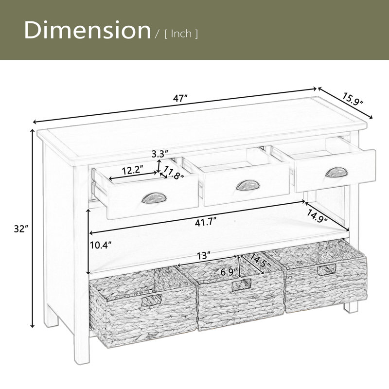 Console rétro avec 3 tiroirs de rangement et paniers tissés, parfaite pour les entrées, les couloirs et les salons