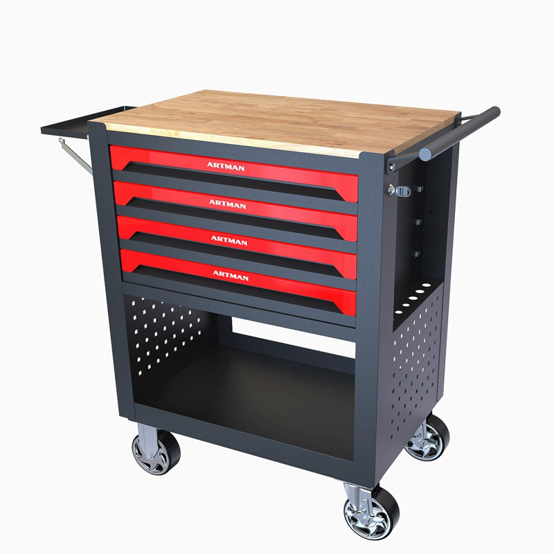 Chariot à outils multifonctionnel à 4 tiroirs avec roulettes et plateau en bois